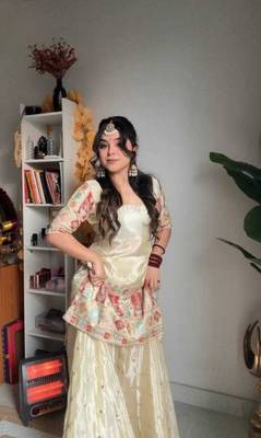 cream embroidered chinnon ethnic sharara suit set 4
