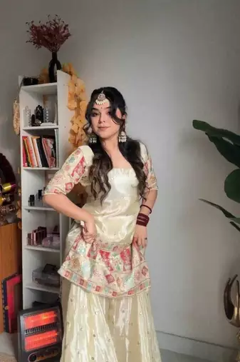 cream embroidered chinnon ethnic sharara suit set