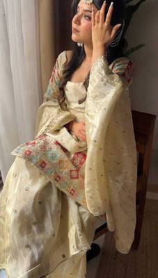 cream embroidered chinnon ethnic sharara suit set 5