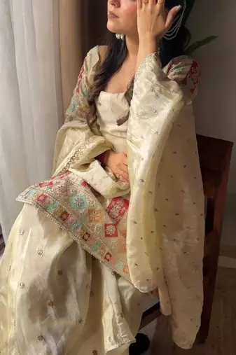 cream embroidered chinnon ethnic sharara suit set