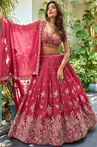 Deep Pink Silk blend Embroidered Lehenga Choli