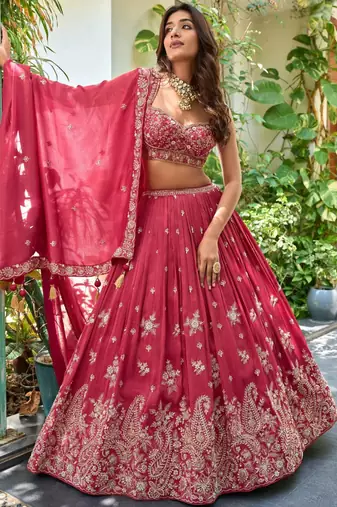 Deep Pink Silk blend Embroidered Lehenga Choli