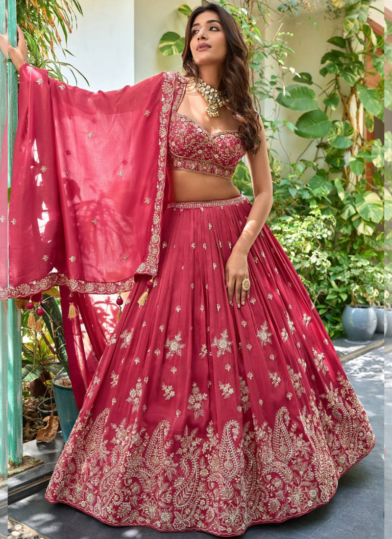 Deep Pink Silk blend Embroidered Lehenga Choli