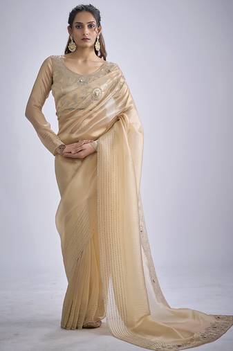 Beige sequin embellished border work silk saree for women