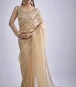 Beige sequin embellished border work silk saree for women