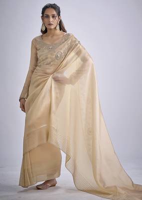 Beige sequin embellished border work silk saree for women 2
