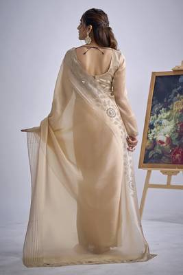 Beige sequin embellished border work silk saree for women 3