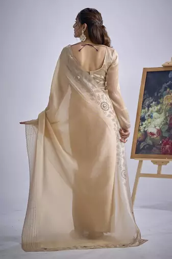 Beige sequin embellished border work silk saree for women