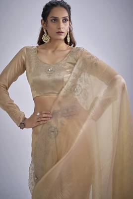 Beige sequin embellished border work silk saree for women 4