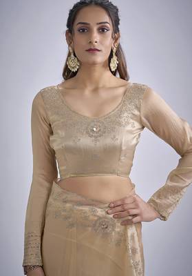 Beige sequin embellished border work silk saree for women 5