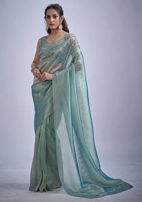 Sky blue sequin embellished border work silk saree for women 1