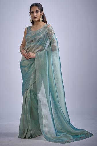Sky blue sequin embellished border work silk saree for women