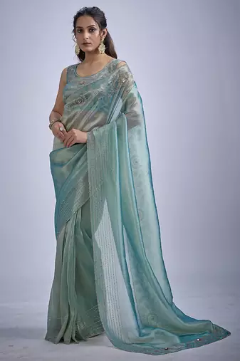 Sky blue sequin embellished border work silk saree for women
