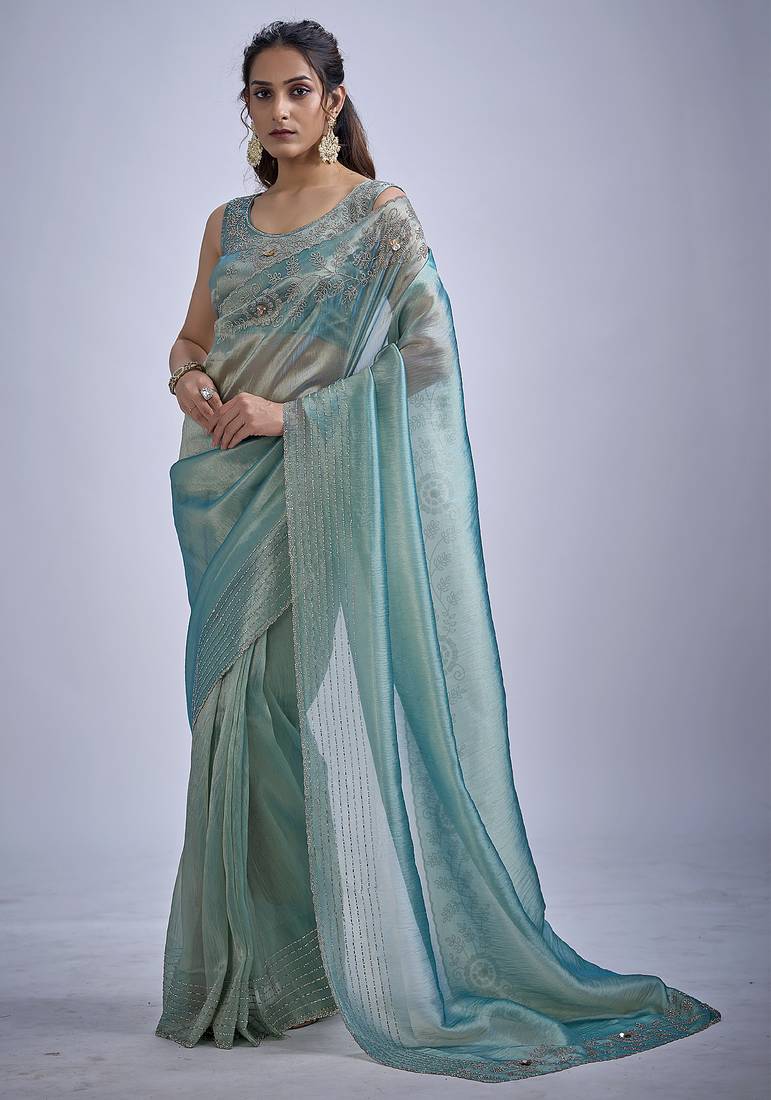 Sky blue sequin embellished border work silk saree for women
