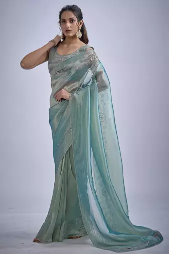 Sky blue sequin embellished border work silk saree for women