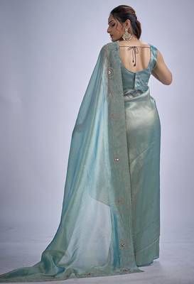 Sky blue sequin embellished border work silk saree for women 3