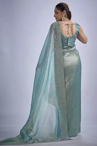 Sky blue sequin embellished border work silk saree for women
