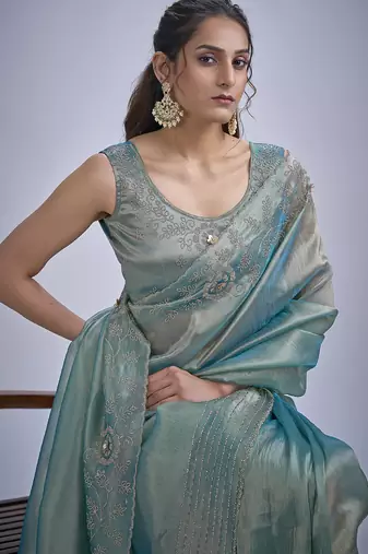 Sky blue sequin embellished border work silk saree for women