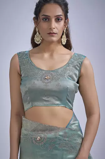 Sky blue sequin embellished border work silk saree for women