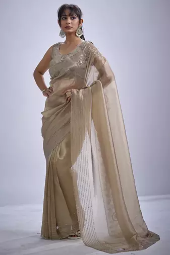 Beige sequin embellished border work silk saree for women