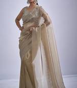 Beige sequin embellished border work silk saree for women