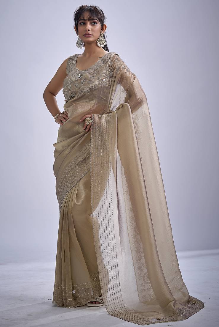 Beige sequin embellished border work silk saree for women