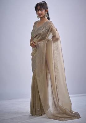 Beige sequin embellished border work silk saree for women 2