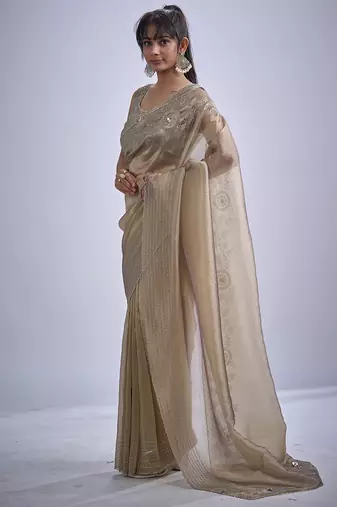 Beige sequin embellished border work silk saree for women