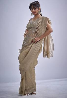 Beige sequin embellished border work silk saree for women 3