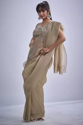 Beige sequin embellished border work silk saree for women
