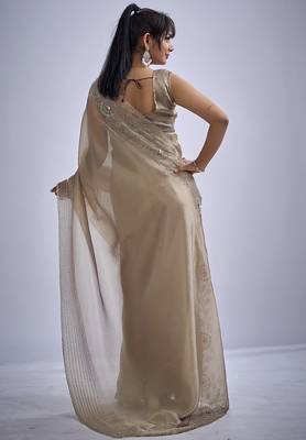 Beige sequin embellished border work silk saree for women 4