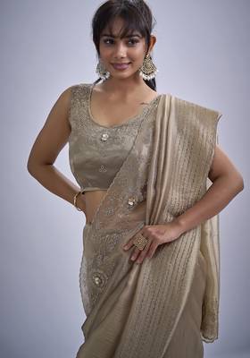 Beige sequin embellished border work silk saree for women 5