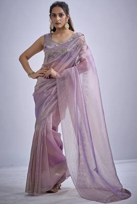 Lavender sequin embellished border work silk saree for women 1