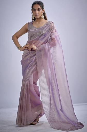 Lavender sequin embellished border work silk saree for women
