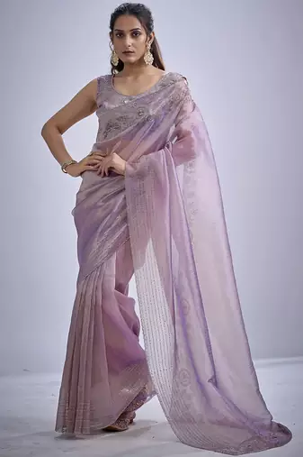 Lavender sequin embellished border work silk saree for women
