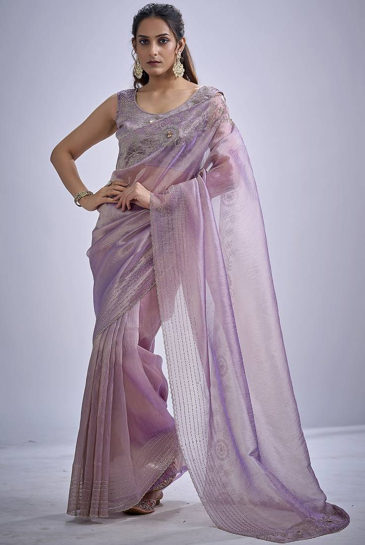 Lavender sequin embellished border work silk saree for women