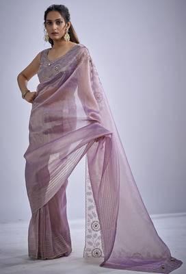 Lavender sequin embellished border work silk saree for women 2
