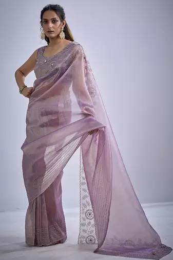 Lavender sequin embellished border work silk saree for women