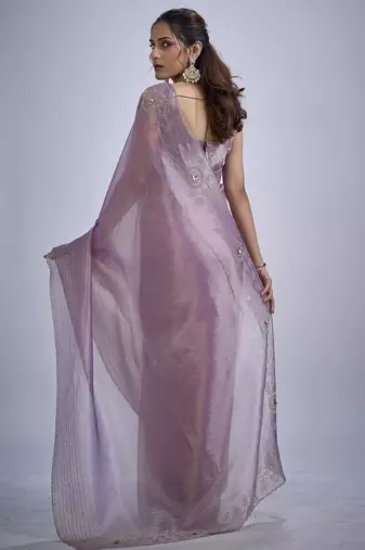 Lavender sequin embellished border work silk saree for women
