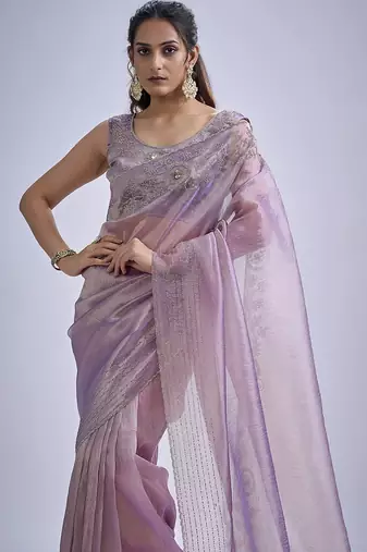 Lavender sequin embellished border work silk saree for women