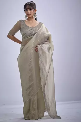 Beige sequin embellished border work silk saree for women