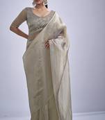 Beige sequin embellished border work silk saree for women