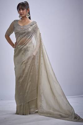 Beige sequin embellished border work silk saree for women 2