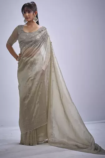 Beige sequin embellished border work silk saree for women