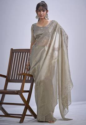 Beige sequin embellished border work silk saree for women 3