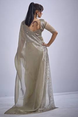 Beige sequin embellished border work silk saree for women 4