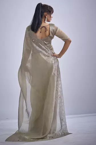 Beige sequin embellished border work silk saree for women