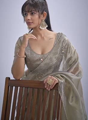 Beige sequin embellished border work silk saree for women 5