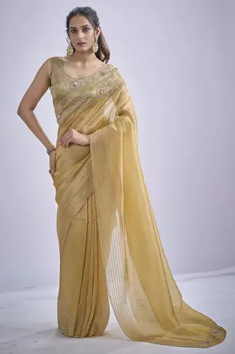 Mustard sequin embellished border work silk saree for women