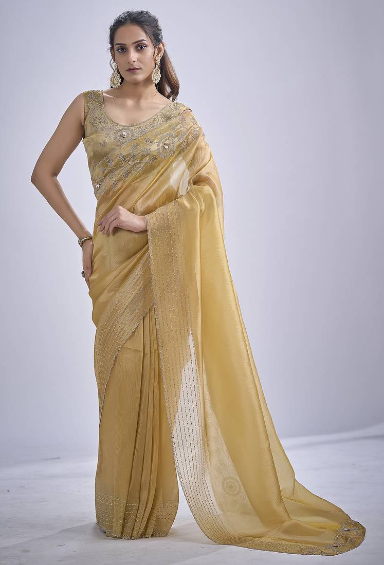 Mustard sequin embellished border work silk saree for women
